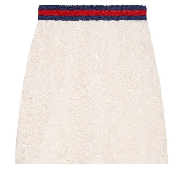 NWT GUCCI Ivory Cluny Lace Skirt with Navy/Red Web Waistband Sz EU 40 US 4 - Picture 2 of 13